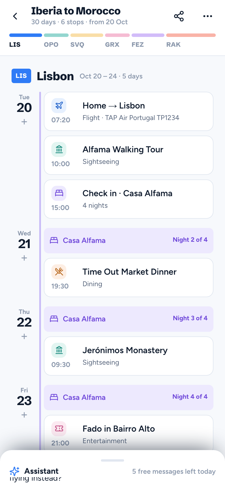 A month across Portugal, Spain and Morocco, planned day by day — the assistant alongside the plan on a desktop, one row per day on a phone